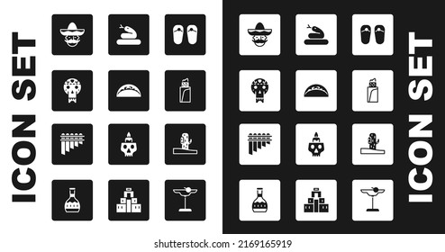 Set Flip flops, Taco with tortilla, Mexican skull, man sombrero, Burrito, Snake, Cactus and Pan flute icon. Vector