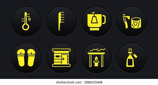 Set Flip flops, Wooden axe in stump, Sauna wooden bathhouse, Aroma candle, Cup of tea with tea bag, Hairbrush, Essential oil bottle and thermometer icon. Vector