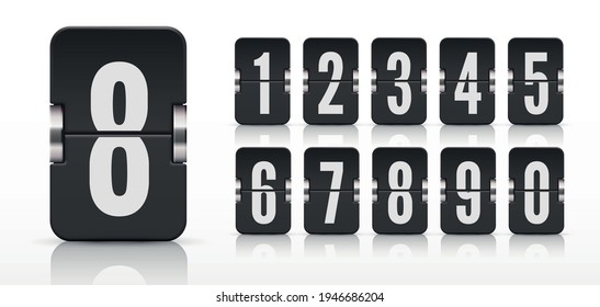 Conjunto de números de tablero de puntuación de vuelta con reflejos para el temporizador de cuenta regresiva negro o calendario aislado en blanco. Plantilla de vectores para su diseño.