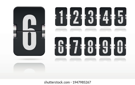 Set of flip score board numbers floating with reflections for black countdown timer or calendar isolated on white. Vector template for your design.