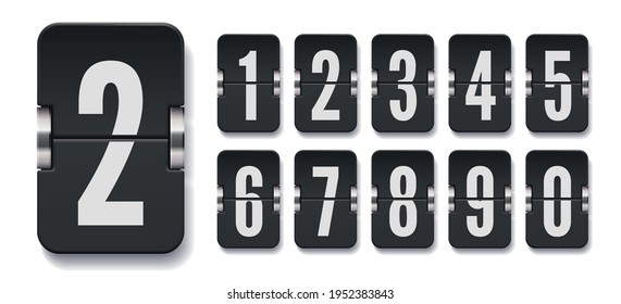 Set of flip score board numbers with shadows for black countdown timer or calendar isolated on white. Vector template for your design.