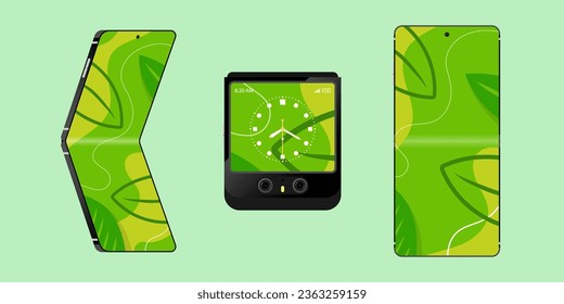 Set Flip smartphone concept bendable screen Flexible smartphone folds in middle of screen like a flip phone vector illustration