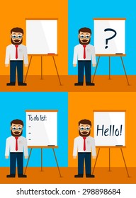Set of flipcharts with young manager  flat