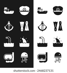 Set Flippers for swimming, Anchor, Cargo ship, Captain hat, Periscope, Shark fin ocean wave, Jellyfish and Diving mask and snorkel icon. Vector