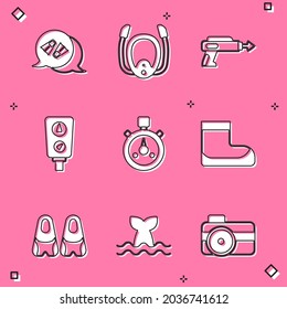 Set Flippers for swimming, Diving mask with snorkel, Fishing harpoon, Gauge scale, Stopwatch, Boots,  and Whale tail icon. Vector