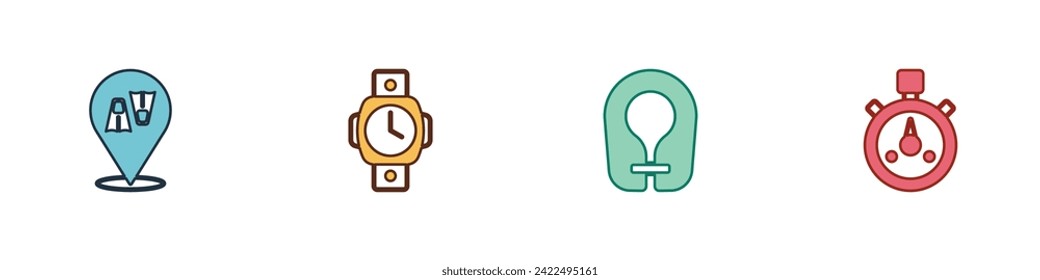 Set Flippers for swimming, Diving watch, Life jacket and Stopwatch icon. Vector