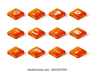 Set Flippers for swimming, Flashlight diver, Action extreme camera, Boots, Glasses, Life jacket, Diving knife and Photo icon. Vector