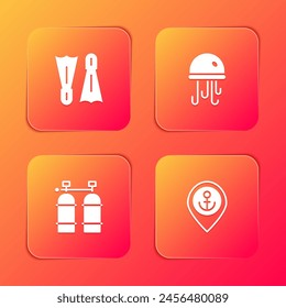 Set Flippers for swimming, Jellyfish, Aqualung and Location with anchor icon. Vector