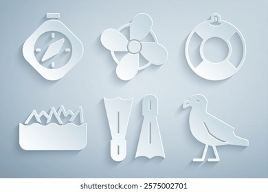 Set Flippers for swimming, Lifebuoy, Sharp stone reefs, Bird seagull, Boat propeller and Compass icon. Vector