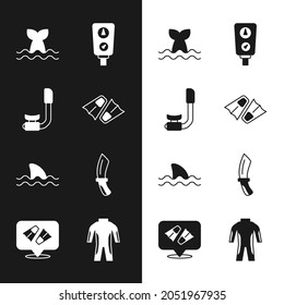 Set Flippers for swimming, Snorkel, Whale tail, Gauge scale, Shark, Diving knife, Wetsuit scuba diving and  icon. Vector