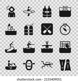 Set Flippers for swimming, Water polo, Compass, Life jacket, Aqualung, Windsurfing,  and Paddle icon. Vector