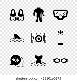 Set Flippers for swimming, Wetsuit scuba diving, Diving mask, Whale tail, Glasses, Shark and Photo camera diver icon. Vector