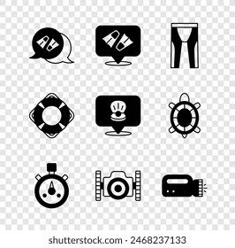 Set Flippers for swimming, Wetsuit scuba diving, Stopwatch, Photo camera diver, Flashlight, Lifebuoy and Scallop sea shell icon. Vector