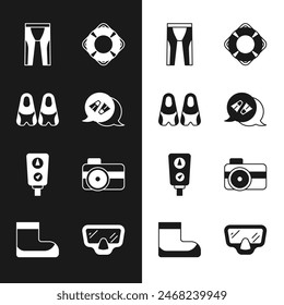 Set Flippers for swimming, Wetsuit scuba diving, Lifebuoy, Gauge scale, Photo camera diver, Diving mask and Boots icon. Vector