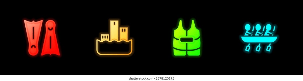 Set Flippers for swimming, Winner podium, Life jacket and Canoe rowing team sports icon. Vector