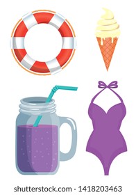 set of float with ice cream and smoothie with swimsuit