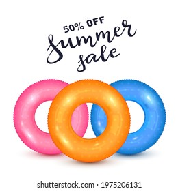 Set of float rings isolated on white background. Swim rings. Summer sale, water and beach theme. Colorful rubber toy. realistic lifebuoy. Illustration can be used for summer design, poster, banner