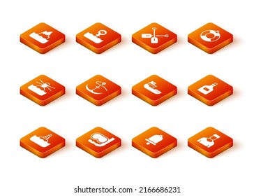 Set Floating buoy, Diving mask and snorkel, Lighthouse, Anchor, Ship bell, Cargo ship, Sailor captain and Rum bottle icon. Vector