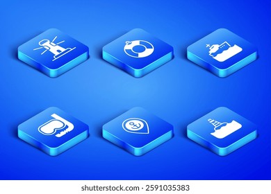 Set Floating buoy, Lighthouse, Location with anchor, Diving mask and snorkel, Lifebuoy and Cruise ship icon. Vector