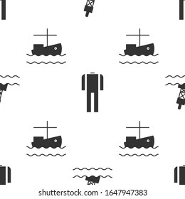 Set Floating buoy on the sea, Wetsuit for scuba diving and Fishing boat on water on seamless pattern. Vector