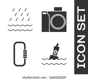 Set Floating buoy on the sea, Rain and waves, Carabiner and Photo camera for diver icon. Vector