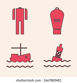 Set Floating buoy on the sea, Wetsuit for scuba diving, Lift bag and Fishing boat on water icon. Vector