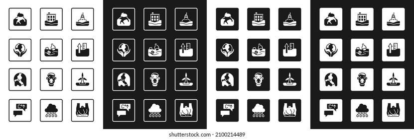 Set Floating buoy on the sea, Problem pollution of ocean, Hand holding Earth globe, Deforestation, Rise water level, House flood, Wind turbine and Global warming icon. Vector