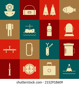 Set Floating buoy on the sea, Big flashlight for diver, Buoy, Rubber flippers swimming, Fishing boat water, Wetsuit scuba diving, Aqualung and  icon. Vector