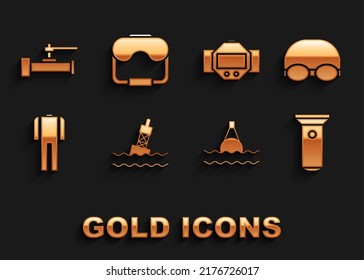Set Floating buoy on the sea, Glasses and cap for swimming, Flashlight, Wetsuit scuba diving, Diving watch, Industry metallic pipes valve and mask icon. Vector