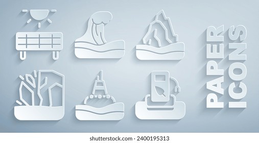 Set Floating buoy on the sea, Iceberg, Glacier melting, Petrol or gas station, Tsunami and Solar energy panel icon. Vector