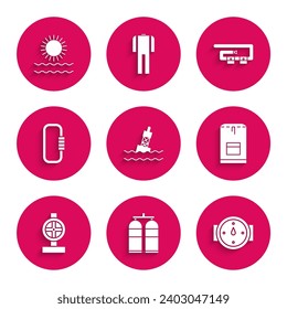 Set Floating buoy on the sea, Aqualung, Wind rose, Backpack, Industry metallic pipes and valve, Carabiner, Diving belt and Sun waves icon. Vector