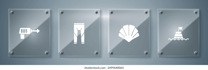 Set Floating buoy on the sea, Scallop shell, Wetsuit and Fishing harpoon. Square glass panels. Vector