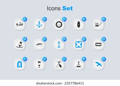 Set Floating buoy, Speedboat, Anchor, Inflatable with motor, Bird seagull, Nautical rope knots, Kayak and paddle and Lighthouse icon. Vector