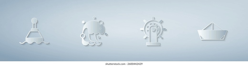 Set Floating buoy, Tsunami, Ship steering wheel and Folded paper boat. Paper art style. Vector