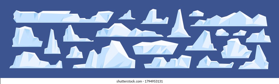 Set of floating glacier, iceberg in north sea or arctic ocean. Melting ice peak, rocks in antarctica. Natural icy mountains of snow in winter. Flat vector cartoon illustration isolated on blue