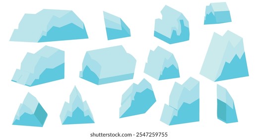 Schwimmender Gletscher, Eisberg in der Nordsee oder im arktischen Ozean. Schmelzer Eisberg, Felsen in der Antarktis. Natürliche Eisschneeberge im Winter. Vektorgrafik.