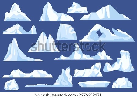 Set of floating glaciers concept in the flat cartoon design on a blue background. Images of glaciers that can be encountered on the way of ships in the ocean. Vector illustration.