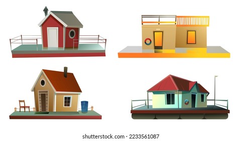 Set of Floating house. Dwelling with small courtyard on water. Isolated on white background. illustration vector.