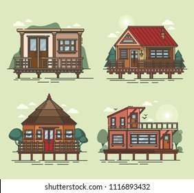 Set of floating house structure. Swimming building