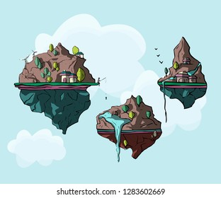Set of floating island, 3d fantasy earth, green landscape. Cartoon magic eco illustration. 