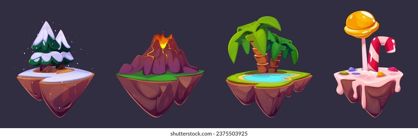 Conjunto de islas flotantes para el juego ui aislado en el fondo negro. Dibujo vectorial de trozos de tierra voladores con árbol de Navidad, erupción volcánica, palmera y lago, crema dulce y langostinos