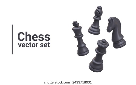 Set of floating realistic black chess pieces. Movement effect. King, queen, officer, knight