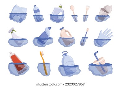 Set of Floating Trash Pollutes The Water, Posing A Threat To Marine Life And Ecosystems. Plastic Bags, Bottles, Package, Tooth Paste and Brush, Cups. Global Problem. Cartoon Vector Illustration