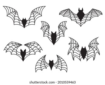 Set flock bats  Collection bats and spider wings   Happy Halloween  Drawing night creatures  Vector illustration flying demons white background  Tattoo 