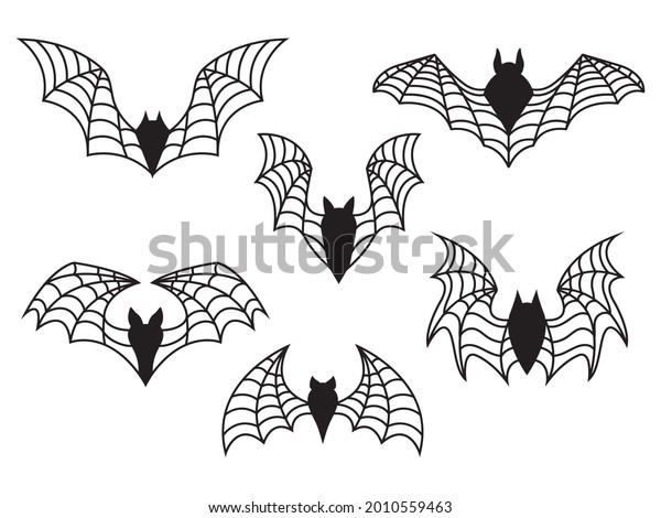Set of flock\
of bats. Collection of bats with spider wings.  Happy Halloween.\
Drawing of night creatures. Vector illustration of flying demons on\
white background. Tattoo.
