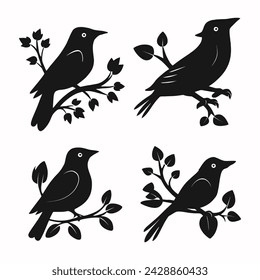 Set of a flock of flying different birds silhouettes Collection of different cartoon black birds on white background. Vector illustration.
