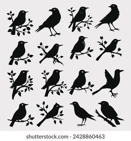 Set of a flock of flying different birds silhouettes Collection of different cartoon black birds on white background. Vector illustration.