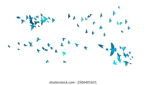 Set of flocks of blue birds. hand drawing. Not AI. Vector illustration.