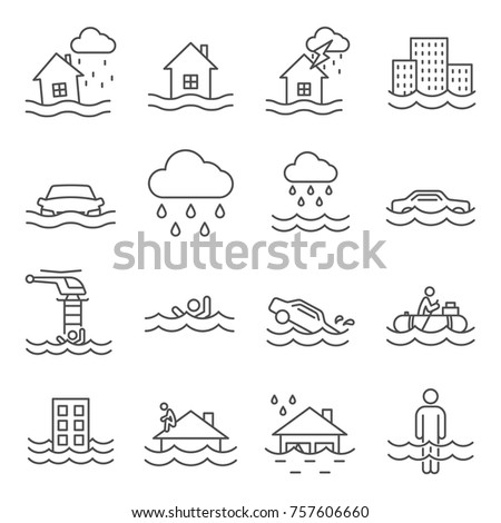 Set of flood Related Vector Line Icons. Includes such Icons as natural disaster, tsunami, storm and etc.