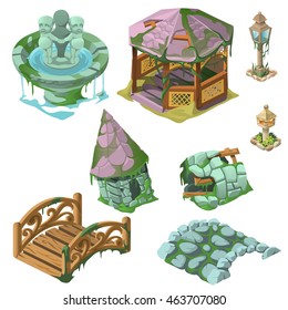 Set flooded with water objects for landscape design isolated on a white background. Cartoon vector close-up illustration.